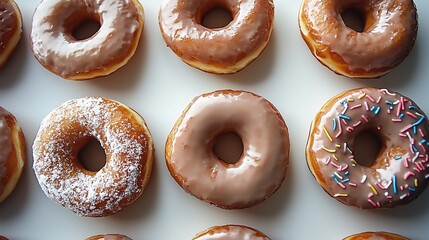 A fresh donut display with glazed and frosted donuts, advertising style, copy space.