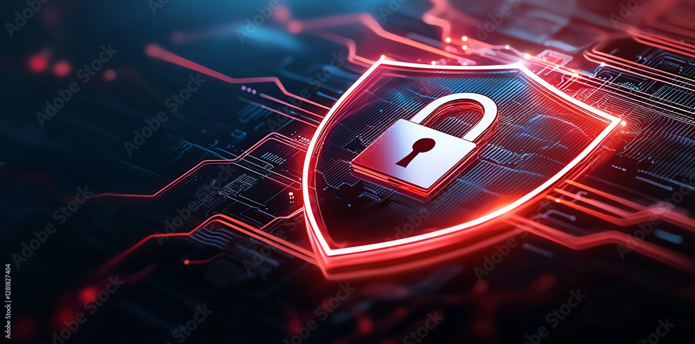 Poster cybersecurity concept with digital shield and padlock symbolizing protection and safety in technolog