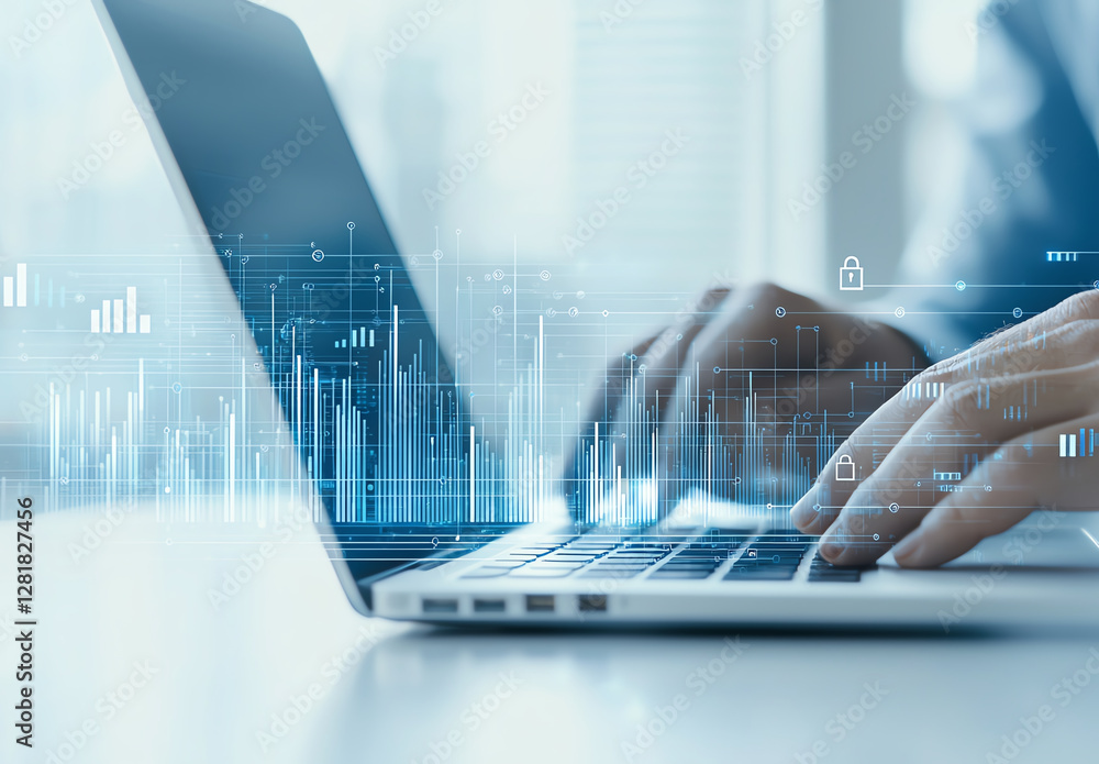 Aufkleber businessman using laptop with digital graphs and security icons, showcasing technology and data anal