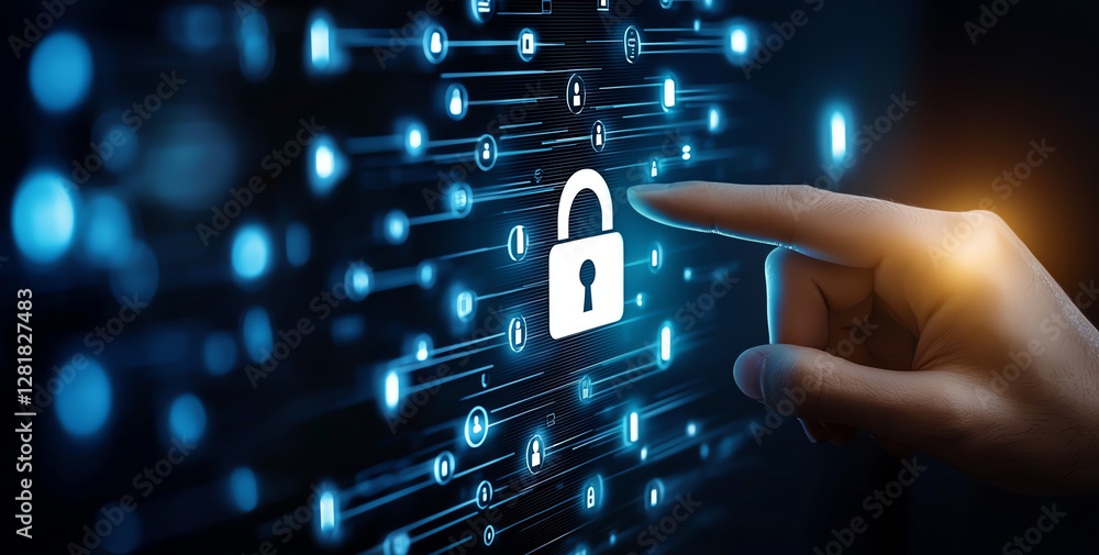 Poster businessman interacting with digital padlock, symbolizing cybersecurity and data protection. image c