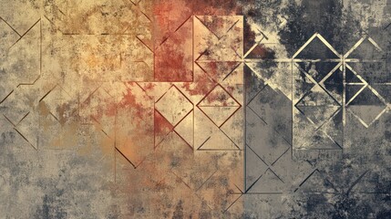 Distressed geometric Kumiko patterns overlaid on raw, textured backgrounds, merging tradition with natural aging