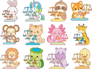 Fototapeta premium Set Vector Stock Illustrations Isolated of Baby Animals. Cute animals with various activities. Funny sticker of animal kids.
