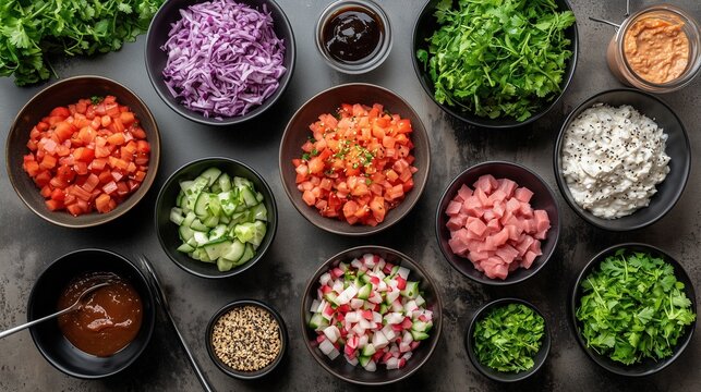 A fresh poke bowl station with toppings and sauces, advertising style, copy space.