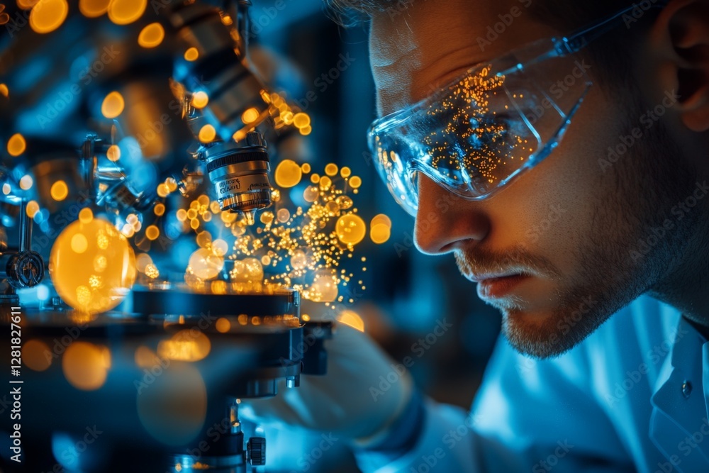 Poster scientist examines specimen under microscope with vibrant illumination in a laboratory setting durin
