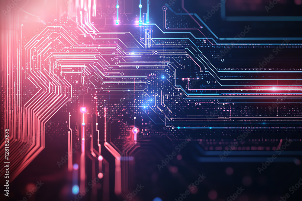 Poster digital circuit board with glowing lines and nodes, showcasing technology and innovation. vibrant co