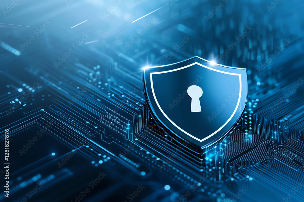 Fototapete digital shield icon with keyhole on circuit board background, symbolizing cybersecurity and protecti