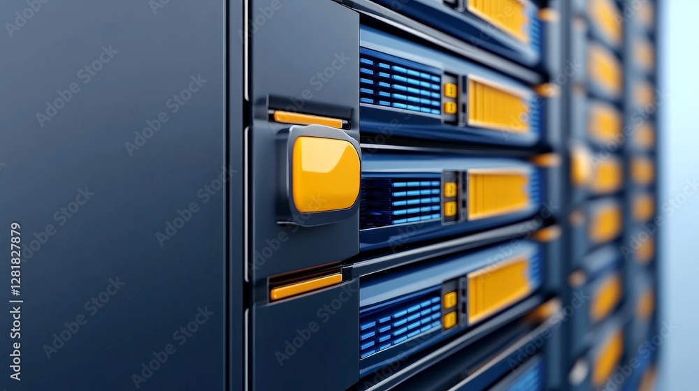 Aufkleber close-up view of server rack hardware with bright yellow buttons