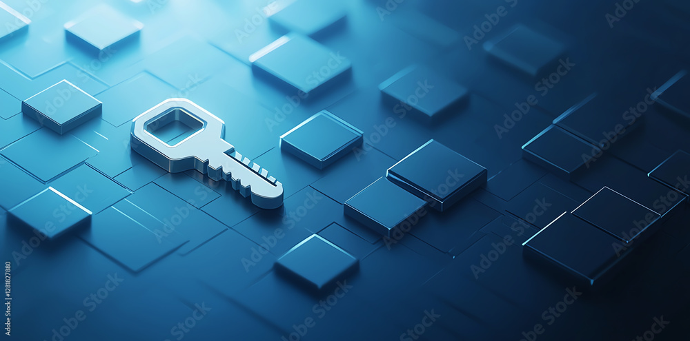 Poster metallic key rests on digital background of blue and gray squares, symbolizing security and access. 