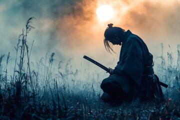 Silhouette of a warrior kneeling with a sword in a misty field at sunset