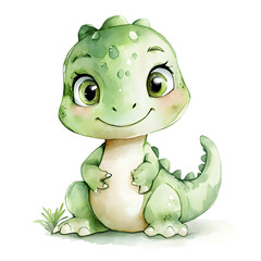 Fototapeta premium Cute watercolor green dinosaur on a transparent background, perfect for children’s illustrations, nursery decor, birthday designs, and whimsical projects