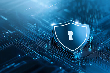digital shield icon with keyhole on circuit board background, symbolizing cybersecurity and protection. image conveys sense of security and technology