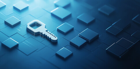 metallic key rests on digital background of blue and gray squares, symbolizing security and access. modern design evokes sense of technology and protection