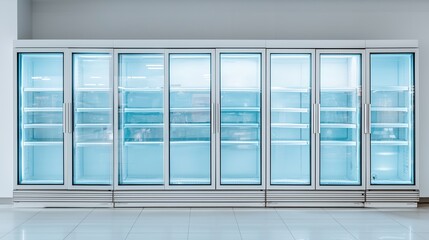 A grocery store freezer section with clear glass doors reflecting cool blue tones, sleek advertising style, copy space