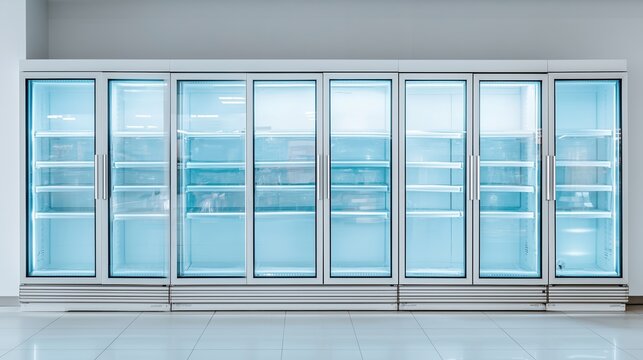 A grocery store freezer section with clear glass doors reflecting cool blue tones, sleek advertising style, copy space