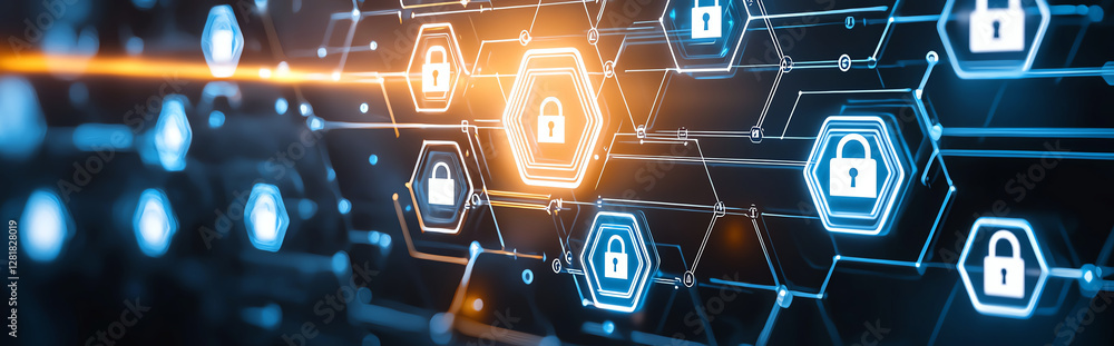 Poster digital security background with abstract lock icons and hexagons