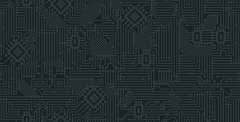Seamless motherboard circuit on black background.