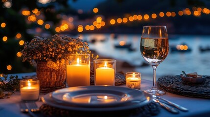 Romantic coastal dinner, candlelit, sunset