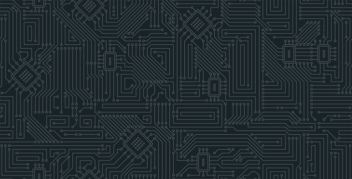 Seamless motherboard circuit on black background.