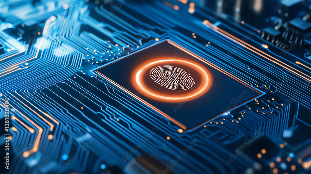 Poster close up view of fingerprint sensor on circuit board, showcasing intricate electronic pathways and g