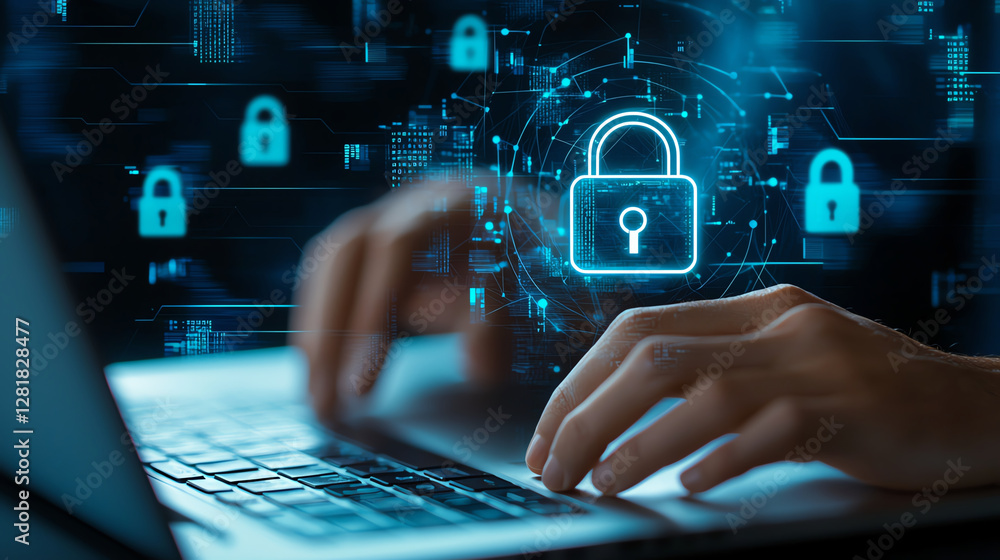 Poster digital technology concept with hands typing on laptop, featuring glowing padlock symbol representin