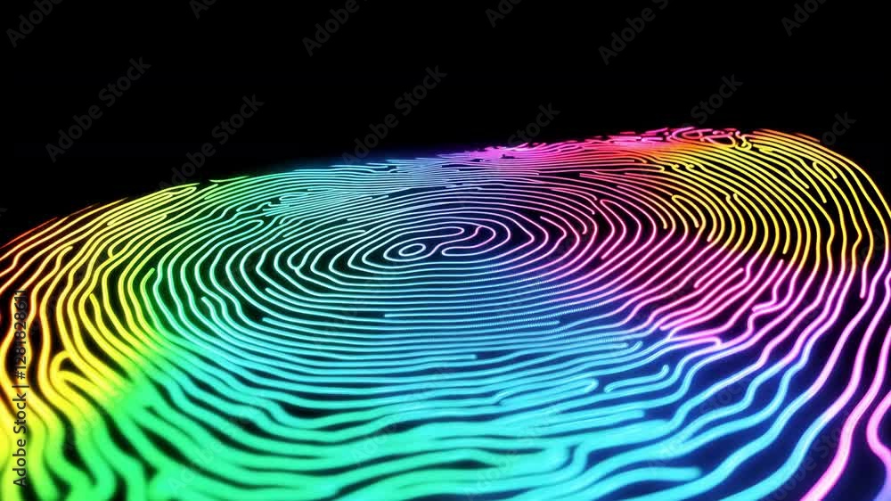 Poster colorful fingerprint with intricate patterns against a black background, emphasizing technology and 