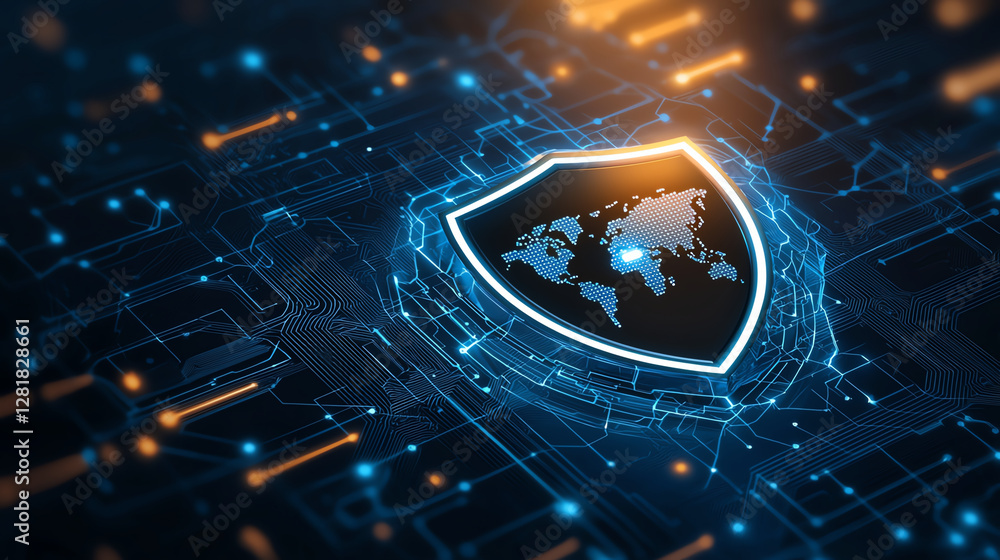 Poster digital shield with protective symbol and world map on tech background