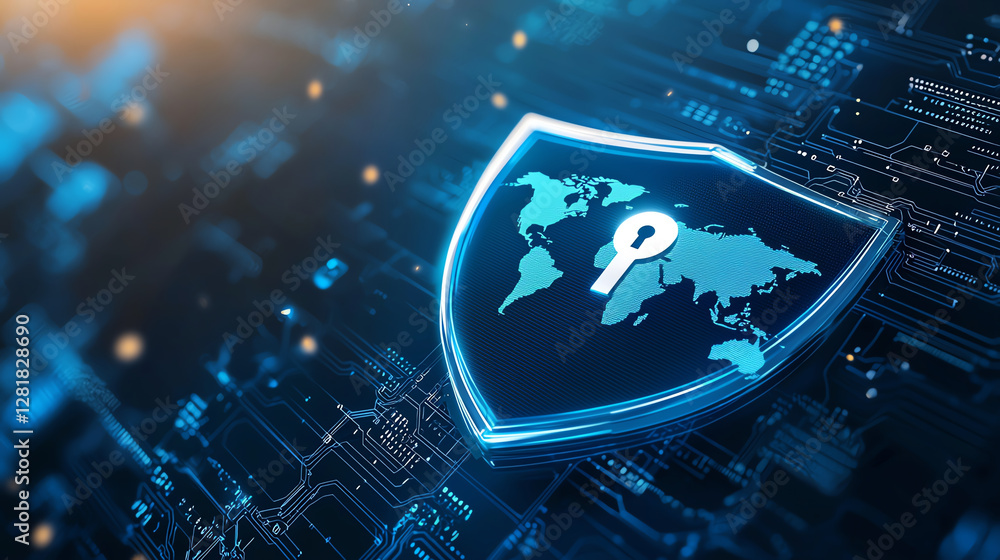 Poster digital shield with protective symbol and world map, representing cybersecurity and data protection.