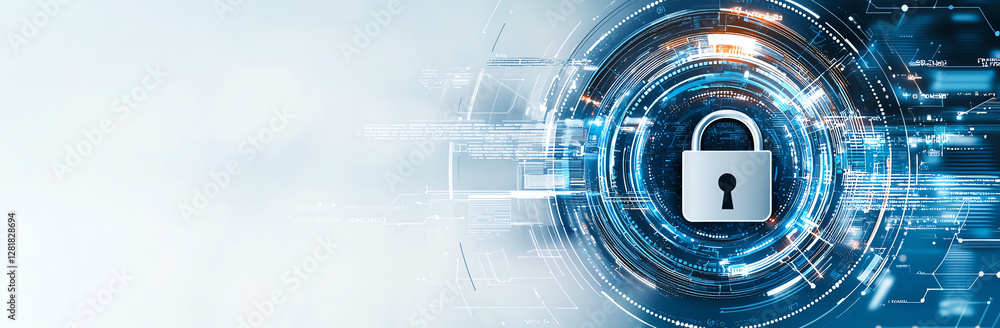 Poster digital technology and security concept featuring padlock symbol, representing data protection and c