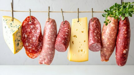 A grocery store deli counter with hanging meats and cheeses, rustic yet modern advertising style, copy space