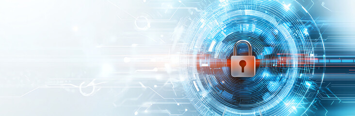 Digital technology and security concept featuring padlock symbolizing protection and safety in futuristic environment. image conveys sense of security and innovation