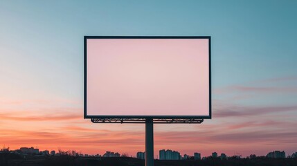 A blank billboard stands against a colorful sunset sky, surrounded by a serene landscape, inviting creativity and advertisement opportunities.