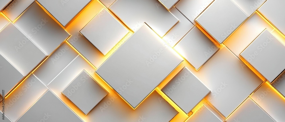 Poster abstract arrangement of white squares with golden glowing edges creating a modern and elegant backgr