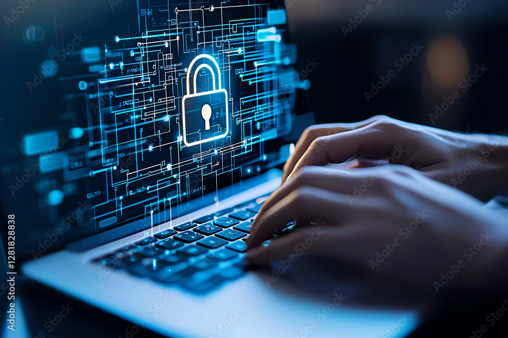 Poster digital security concept with hands typing on laptop, featuring lock symbol and data connections, em