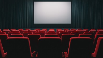 Obraz premium A cinematic theater with empty red seats facing a blank screen, creating an inviting atmosphere for future moviegoers.