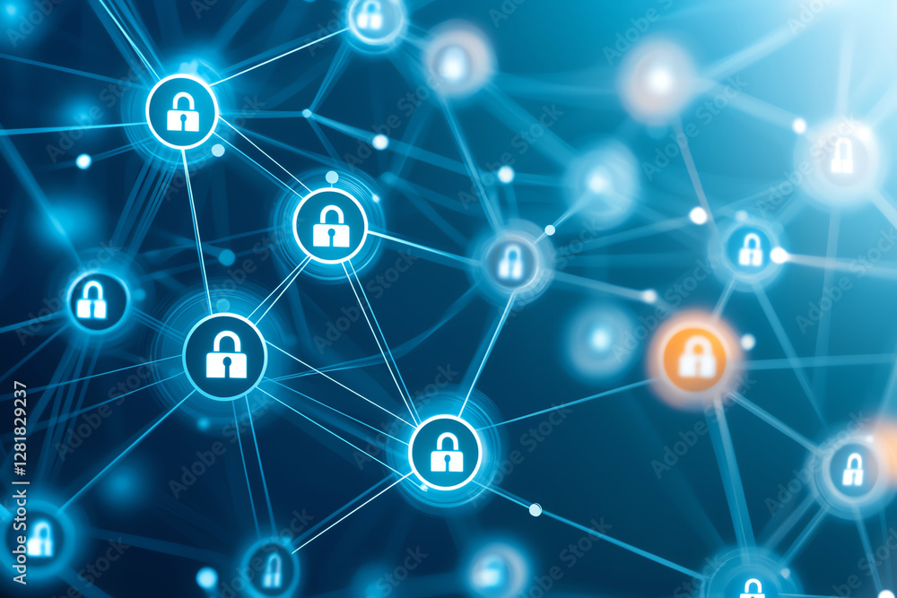 Poster digital network of interconnected nodes with security locks, symbolizing cybersecurity and data prot
