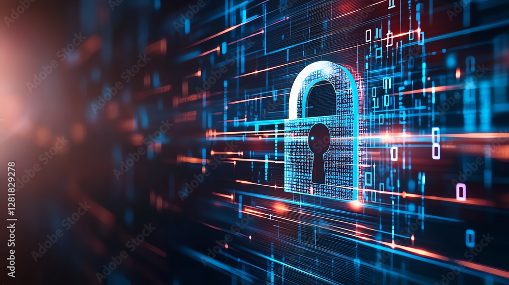 Poster digital lock symbol on data stream background, representing security and technology. image conveys s