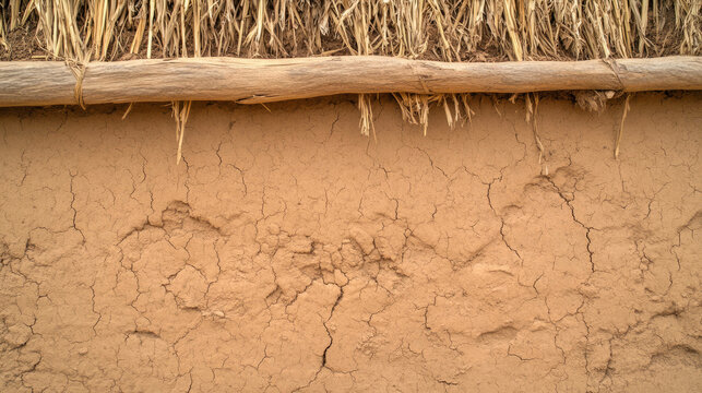Authentic adobe clay wall texture with rustic surface and natural straw roof