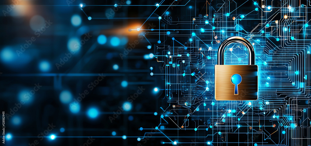 Poster digital illustration of padlock on circuit board, symbolizing security and technology. glowing blue 