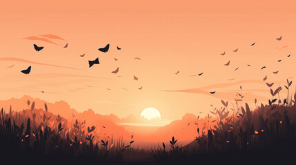 Obraz premium Tranquil sunset with silhouetted butterflies and grassland scenery