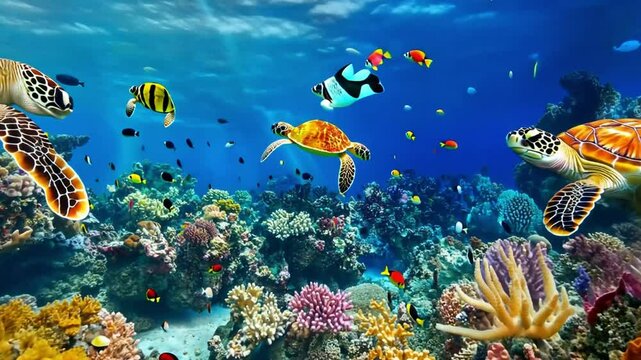 A colorful underwater scene with a turtle and a variety of fish