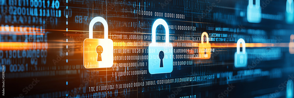 Poster digital background featuring computer code and padlocks, symbolizing cybersecurity and data protecti