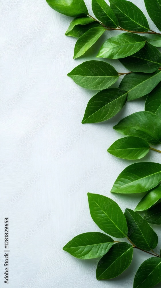 Poster green leaves bordering a white textured background creating negative space