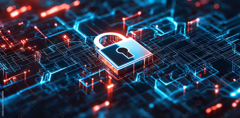 Poster digital padlock on futuristic circuit board background, symbolizing security and technology. vibrant