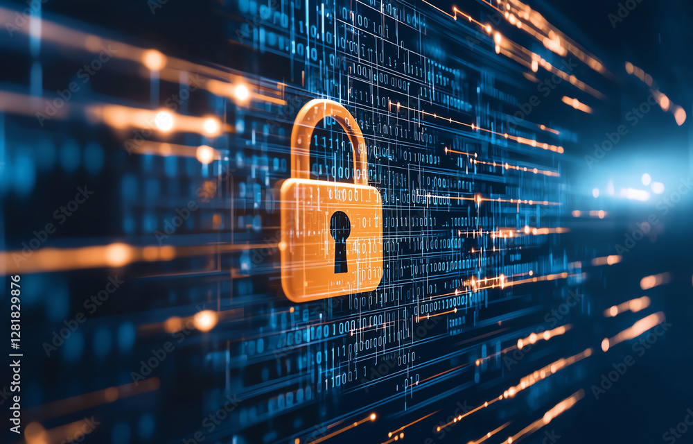 Poster digital background featuring orange padlock icon amidst binary code, symbolizing cybersecurity and d