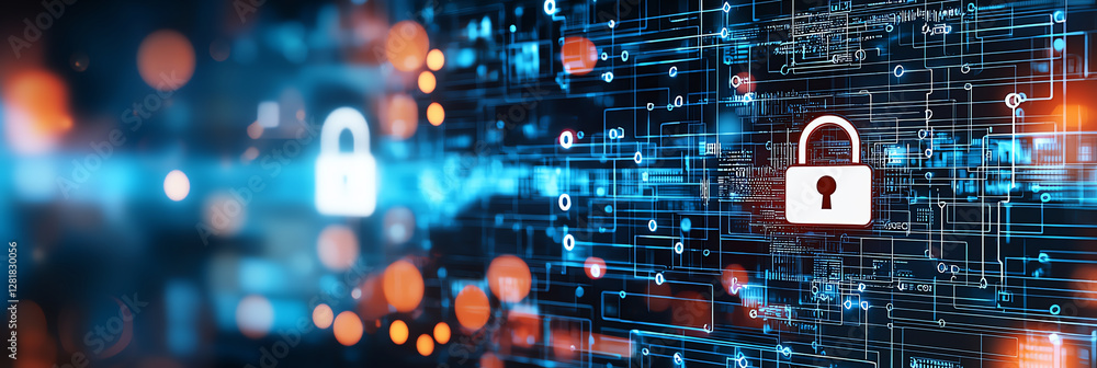 Poster digital background featuring padlocks and data streams, symbolizing cybersecurity and data protectio
