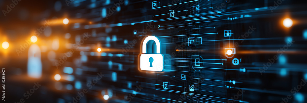 Aufkleber digital background featuring glowing padlock symbol surrounded by data streams and icons, representi