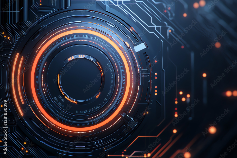 Poster Futuristic digital design featuring circular pattern with glowing elements, representing technology and data flow. image conveys sense of innovation and cybersecurity