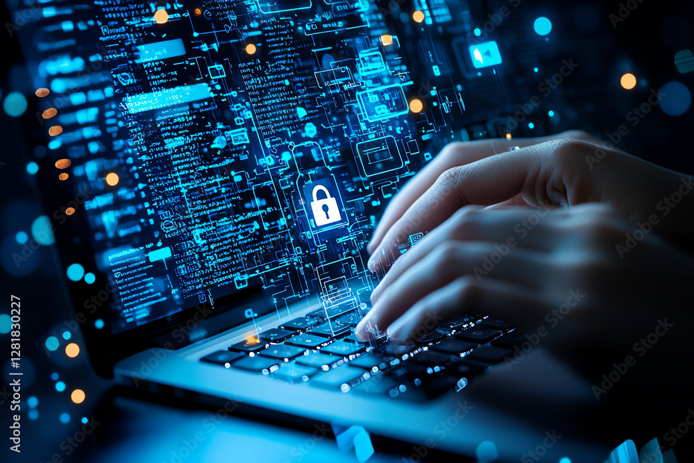 Aufkleber cybersecurity concept with hands typing on laptop, digital data, and lock symbol representing data p