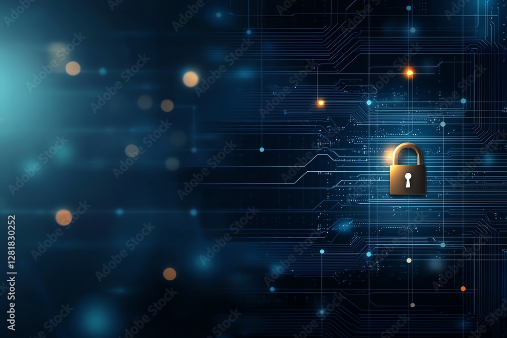 Poster digital lock symbolizing cybersecurity and data protection tech environment. image features dark bac