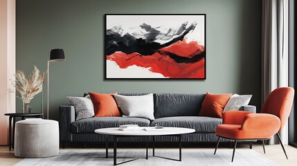 Abstract Red And Black Artwork In Modern Living Room